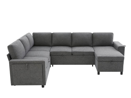 U - Shaped Convertible Sectional Sofa Bed With Storage, USB Charger & Cup Holders