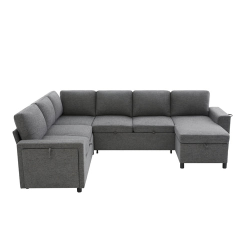 U - Shaped Convertible Sectional Sofa Bed With Storage, USB Charger & Cup Holders