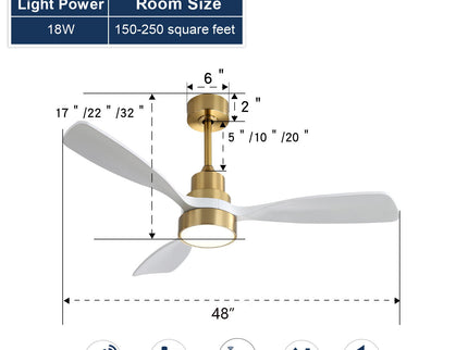 48" Ceiling Fan With 3 Blades, Remote Control Reversible DC Motor For Living Room