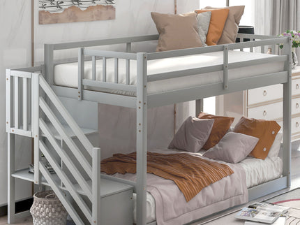 Twin Over Twin Floor Bunk Bed, Ladder With Storage