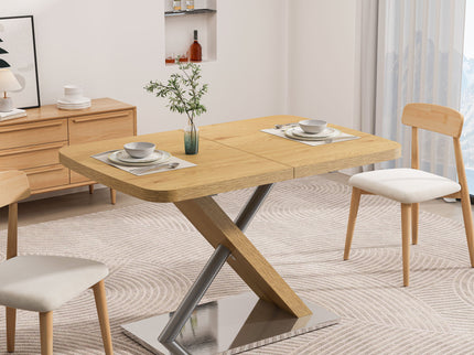 Retractable Square Dining Table, Seating 4 - 6 People, Cross Base With Stainless Steel Tubing, Expandable - Natural