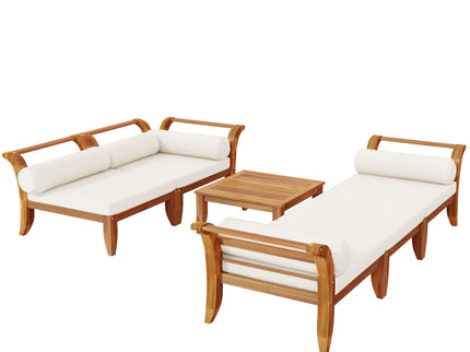6 Piece Patio Sofa Set, Acacia Wood Outdoor Modular Sectional Garden Furniture Set L Shaped Conversation Set, Convertible Daybed With Tea Table, Ottoman, 5 Cushions And Pillows - Teak / Beige