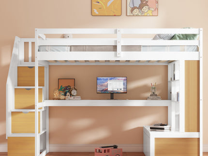 Full Size Loft Bed With Desk And Shelves, 2 Built In Drawers, Storage Staircase - Natural / White