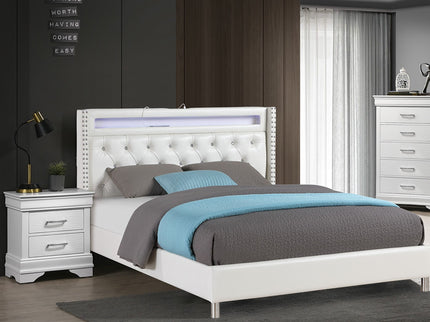Modern Bed With LED Lights, Charging Port, Tufted Headboard