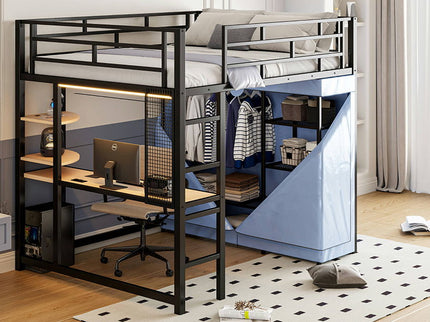 Loft Bed With Desk, Shelves, Power Outlet, LED Light And Wardrobe