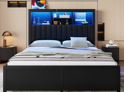 Bed Frame With High Storage Headboard, LED Light And Charging Station, 4 Storage Drawers