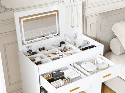 Flip Top Vanity Desk With LED Mirror & Outlet Makeup Table With 2 Drawers, Open Storage, And Jewelry Hooks - White