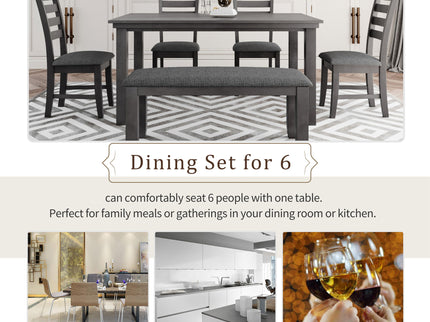 Dining Set For 6, Upholstered Chairs, Includes Table, 4 Chairs, And 2 Person Bench - Gray