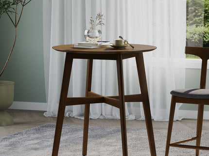 Round Counter Height Dining Table With Thick Rubberwood Legs And Support Beams - Walnut