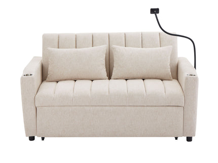 Convertible Sofa Bed Loveseat Sofa With Three USB Ports, Two Side Pockets, Two Cup Holders And 360° swivel Phone Holder For Living Room