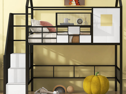 Metal Loft Bed With Roof Design And Storage Box With Guardrails And Integrated Ladder