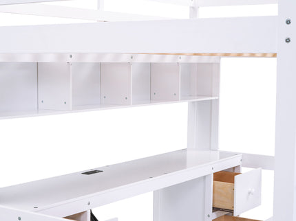 Loft Bed With Desk, Cabinets, Drawers, Charging Station And Bedside Tray