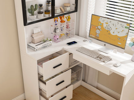L-Shaped Computer Desk With Glass Cabinets, Built In LED Lights, USB Charging Ports