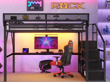 Loft Bed With Desk And Charging Station With Stairs And Light
