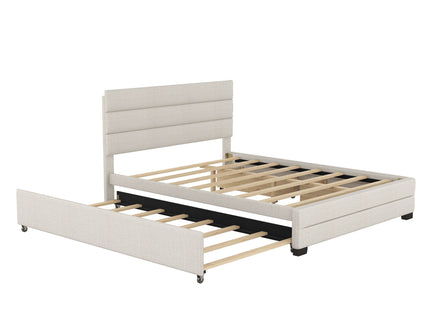 Queen Platform Bed With Twin Trundle And 2 Storage Drawers - Beige