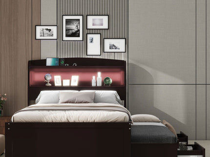 Platform Bed With LED Headboard, Charging Station, Trundle And 2 Drawers