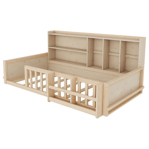 Platform Bed Frame With Guardrail, Storage Shelves & Bookshelf