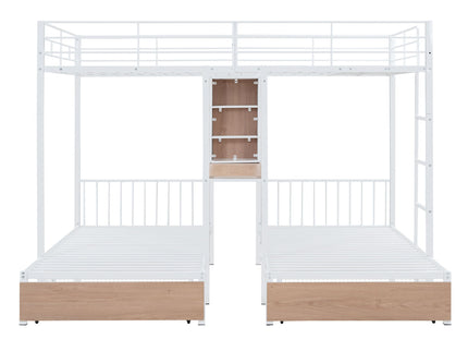 Triple Bunk Bed With Drawers, Multi-Functional Frame With Desks And Shelves In The Middle