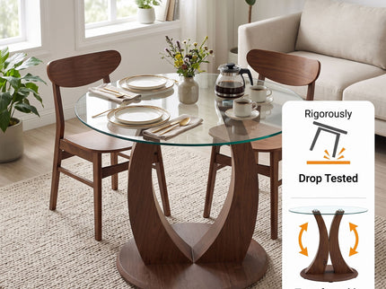 2 In 1 Round Glass Dining Table With Adjustable Curved Base, - Transparent / Walnut