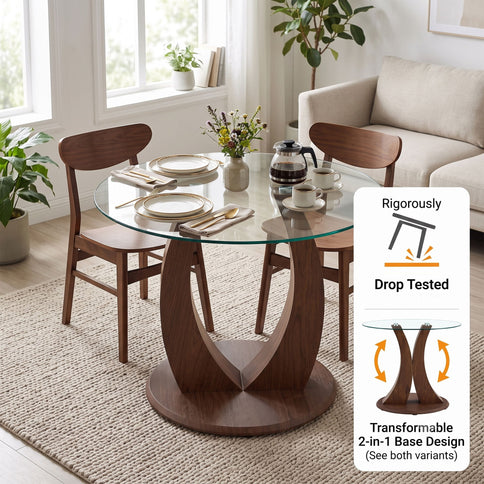 2 In 1 Round Glass Dining Table With Adjustable Curved Base, - Transparent / Walnut