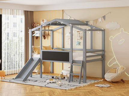 Loft House Bed With Ladder And Slide, With board And Light Strip On The Roof