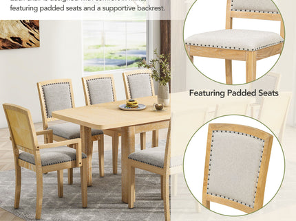Topmax - Rustic Extendable Dining Table Set With Removable Leaf, 6 Upholstered Armless Dining Chairs And 2 Padded Arm Chairs, 9 Pieces