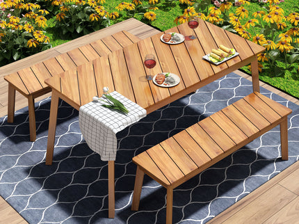 3 Pieces Acacia Wood Table Bench Dining Set For Outdoor & Indoor Furniture With 2 Benches, Picnic Beer Table For Patio, Porch, Garden, Poolside - Natural