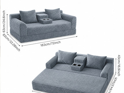 Soft Striped Convertible Sofa Bed, Dual Use Lounge Couch With Cup Holders And Pillows