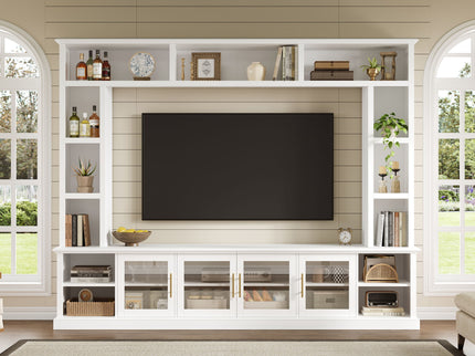 All-In-One Entertainment Center With Bookshelves & Tempered Glass Doors, TV Console Unit For Living Room