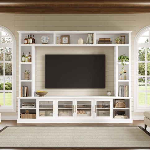 All-In-One Entertainment Center With Bookshelves & Tempered Glass Doors, TV Console Unit For Living Room