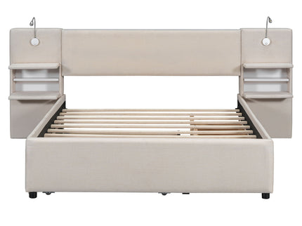 Upholstered Platform Bed With Reading Lights, Drawers, Trundle And Shelves