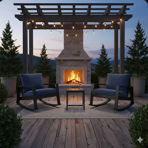 Outdoor Rocking Bistro Set Of 3, Oversized Rocking Chairs With Cushions And Side Table - Black / Blue