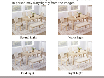 6 Piece Dining Table Set With Bench - Beige / Light Oak