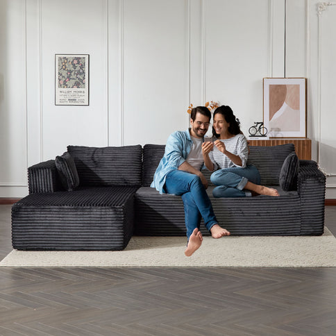Compression Sectional Couch With Comfy Chaise, Boneless L Shape Sofa With Deep Seat