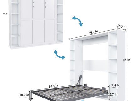 Queen Murphy Bed With Storage Cabinet, Foldable Wall Bed For Bedrooms - White