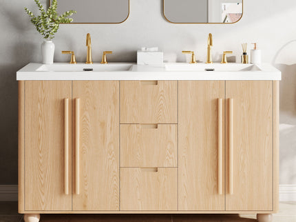 Double Sink Bathroom Vanity With Sinks, Soft Close Doors & 3 Drawers - Wood