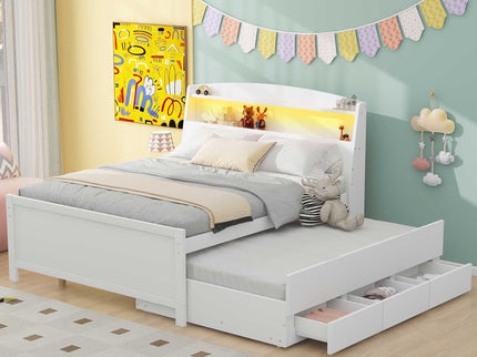 Full Size Platform Bed With Storage LED Headboard, Twin Trundle And 3 Drawers - White