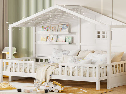 House Bed With Shelves, Window And Sparkling Light Strip On The Roof