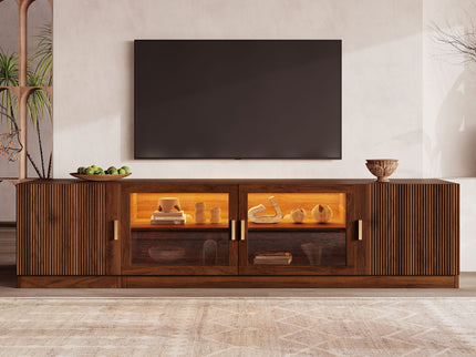 TV Stand, Media Console With Glass Doors And LED Lights, Adjustable Shelf Storage - Walnut