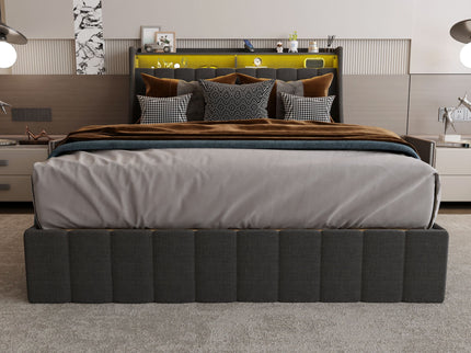 Bed With LED Lights, 4 Drawers, Winged Headboard Upholstered