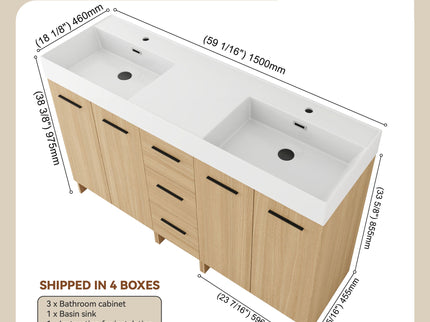 Double Sink Bathroom Vanity With 3 Drawers, Large Storage, Integrated Sink, Freestanding Cabinet, Soft Close Hardware - Glossy White / Light Oak
