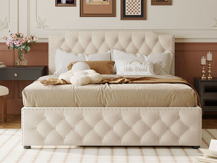 Upholstered Platform Bed With Trundle And 2 Sets Of USB Ports On Each Side, Fabric