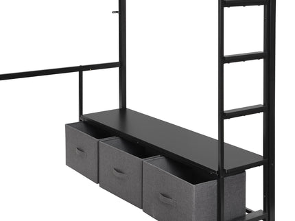 Full Size Gaming Loft Bed With LED Desk, Open Wardrobe, 3 Linen Storage Drawers - Black