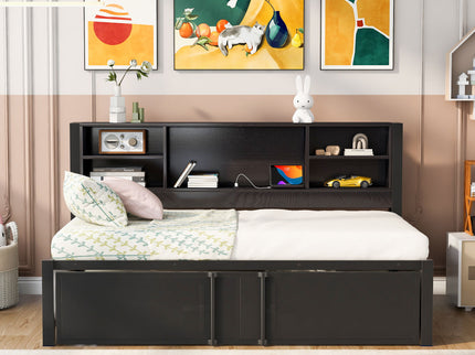 Industrial Metal Daybed With Trundle, Storage Shelves, USB Ports