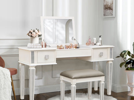 Mirrored Vanity Desk With Drawers And Stool, Flip Up Dressing Table Set For Makeup Room
