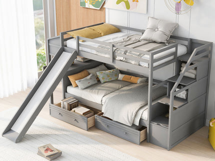 Bunk Bed With Storage Staircase, Slide, Desk, Drawers, And Shelves