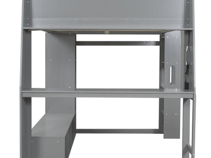 Gaming Loft Bed With Desk, Multi Storage Shelves, LED Lighting, And Hanging Clothes Rack