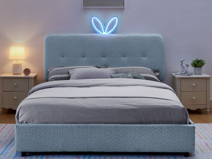 Upholstered Bed With Oversized Rabbit Ear Headboard, LED Lights & 4 Storage Drawers