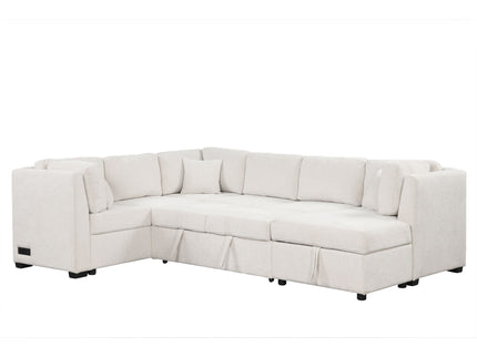 U-Shaped Sectional Sofa Pull Out Sofa Bed With Two USB Ports, Two Power Sockets, Three Back Pillows And A Storage Chaise For Living Room