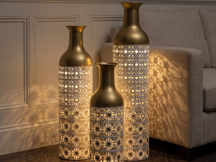 Handcrafted Cutout Hollow Tall Standing Floor Vase, Home Decor (Set of 3) - White / Gold